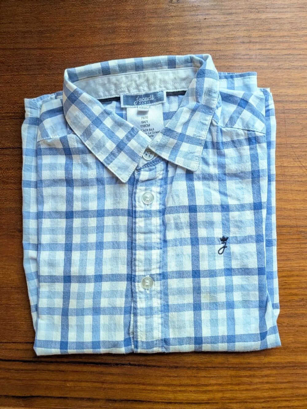 Jacadi Paris Boys Blue Plaid Gingham Button Down Shirt 6T